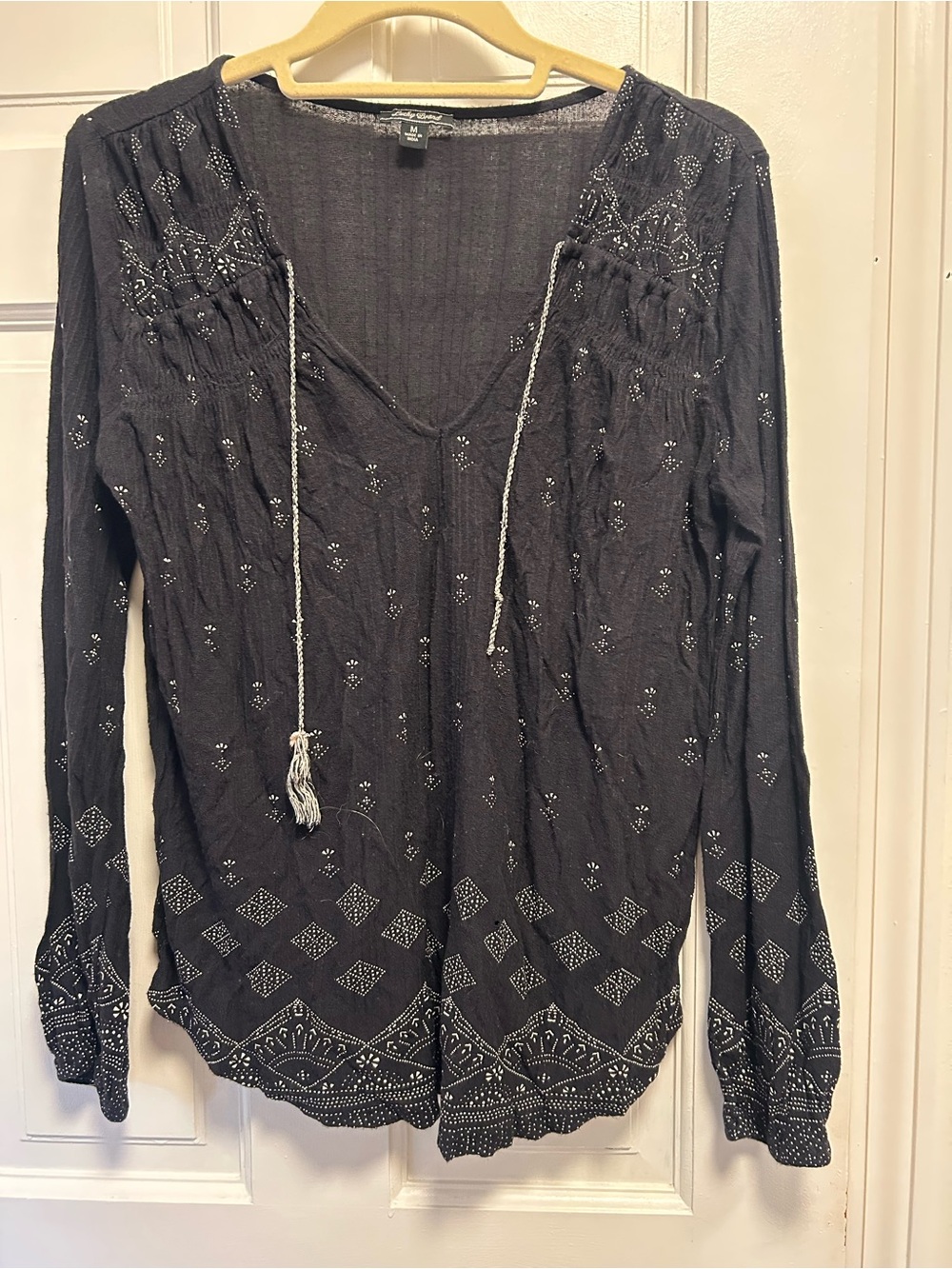 Lucky Brand Black Long-Sleeve Peasant Blouse with White Embroidery